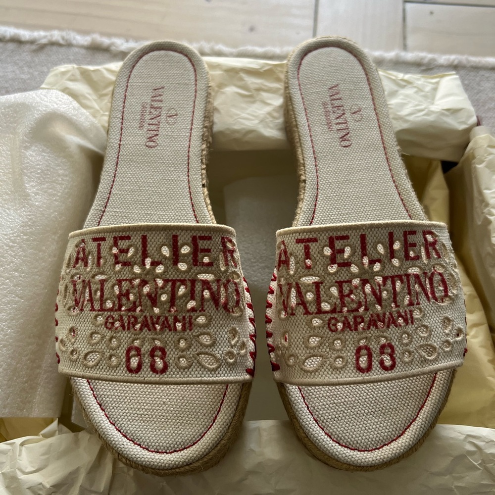 Valentino Garavani Cream and Red Espadrille Slides